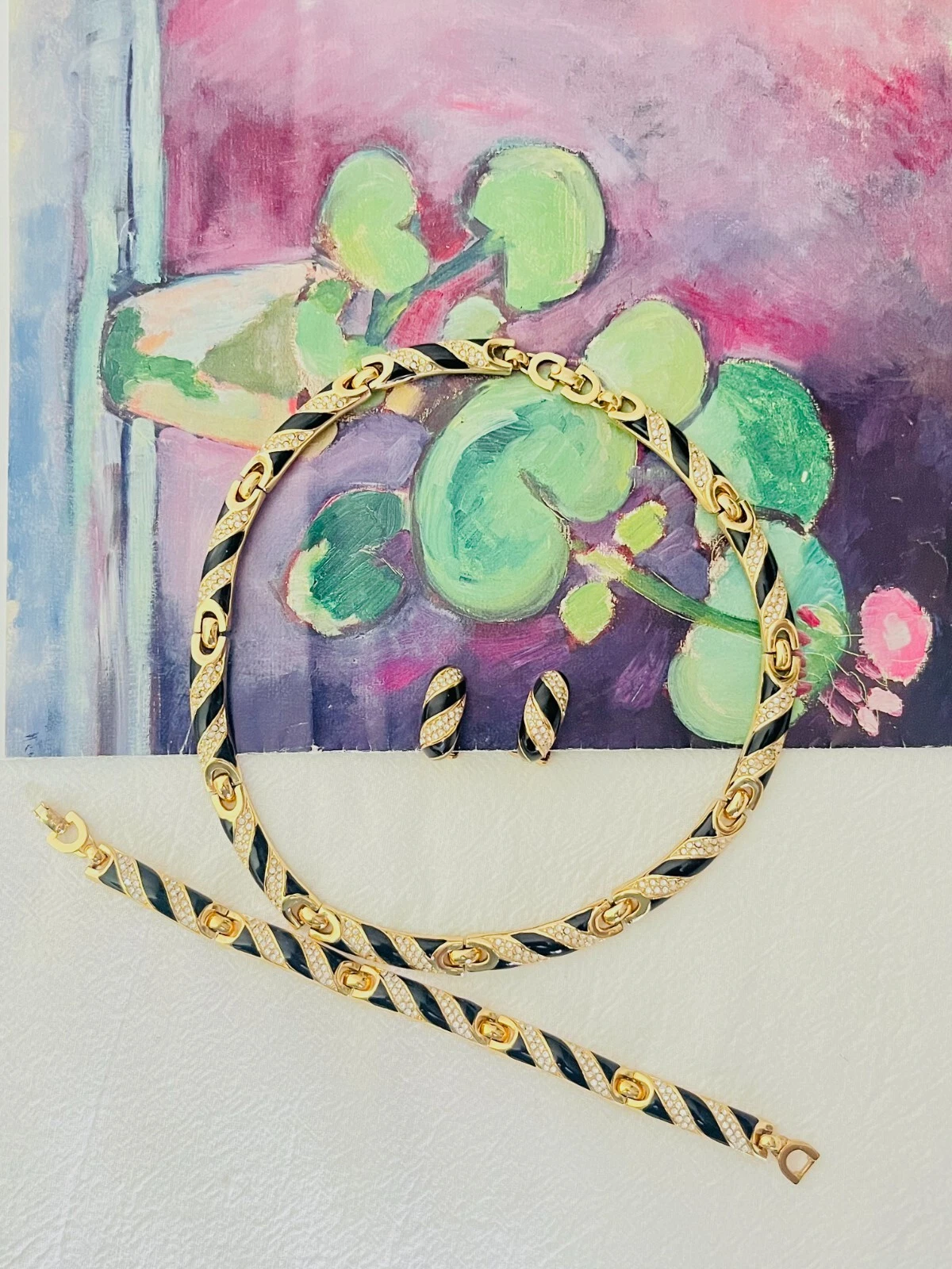 Christian Dior Vintage Cristaux Noirs Interconnectés Collier Bracelet Boucles d'oreilles Dôme