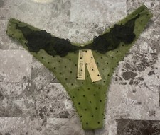 NWT VICTORIA'S SECRET GREEN MESH BLACK POLKA DOT LACE HIGH LEG THONG PANTIES