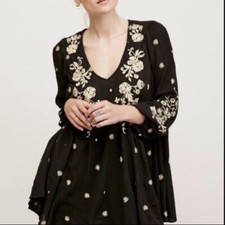 Free People Embroidered Floral Swing Mini Dress S Gray Balloon Sleeve Boho Chic