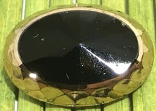 Antique Jet Black Glass Button Oval Gold Foil Edge Metal Birdcage Shank 1-1/8"