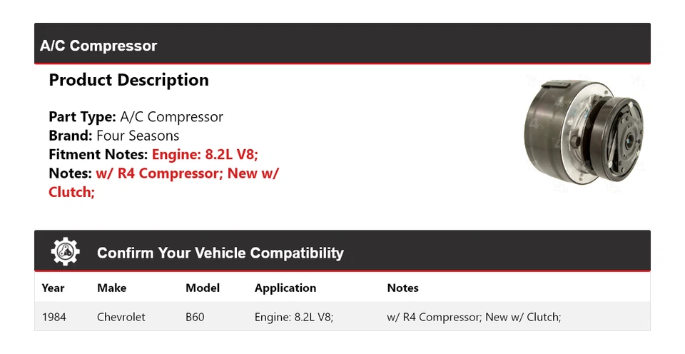 Chevrolet B60 1984 8,2 L V8 compresor de aire acondicionado 4 estaciones Foto 2 de 4