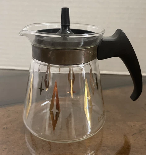 4" Pyrex Small Coffee Pot Gold Fleur de Lis Design Gold lid Vintage