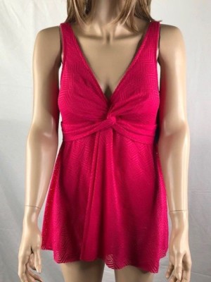 Women's NWT Swim Solutions Twist-Front Crochet Tummy-Control Swimdress