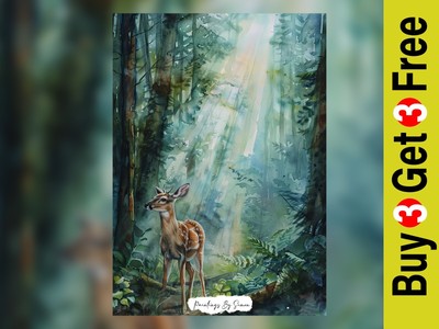 Zauberwaldlicht, Aquarell Waldhirsch Druck 5''''x7'''' auf mattem Papier