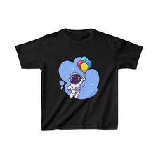 "Black children's t-shirt with a flying balloon, space, and astronaut theme."