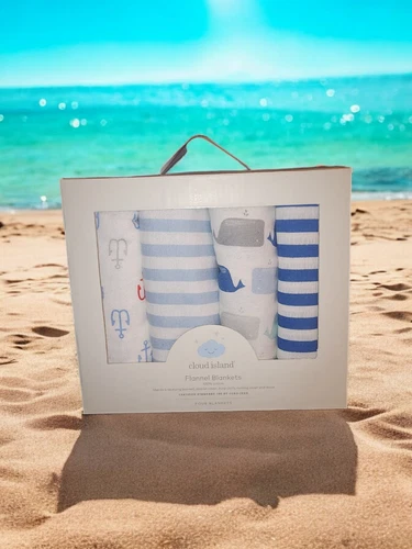 Set of 4 Cloud Island Flannel Baby Blankets Nautical Whales 100 Cotton