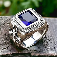 Blue Sapphire Emerald Cut Gemstone With 14K Solid White Gold Ring For Men's 298