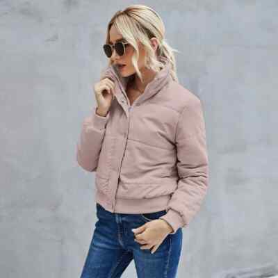 Bequeme Warme Damen Slim Daunenjacke Kurz Weich Rosa Synthetik Reißverschluss Mode 1344