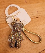 Natasha Bear Gold Rhinestone Charm Key Chain for Women, Metal Crystal