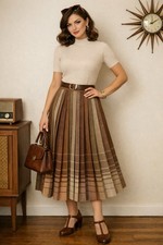 VTG Pleated Skirt Brown Plaid Wool Look A-line Academia School Girl Classic