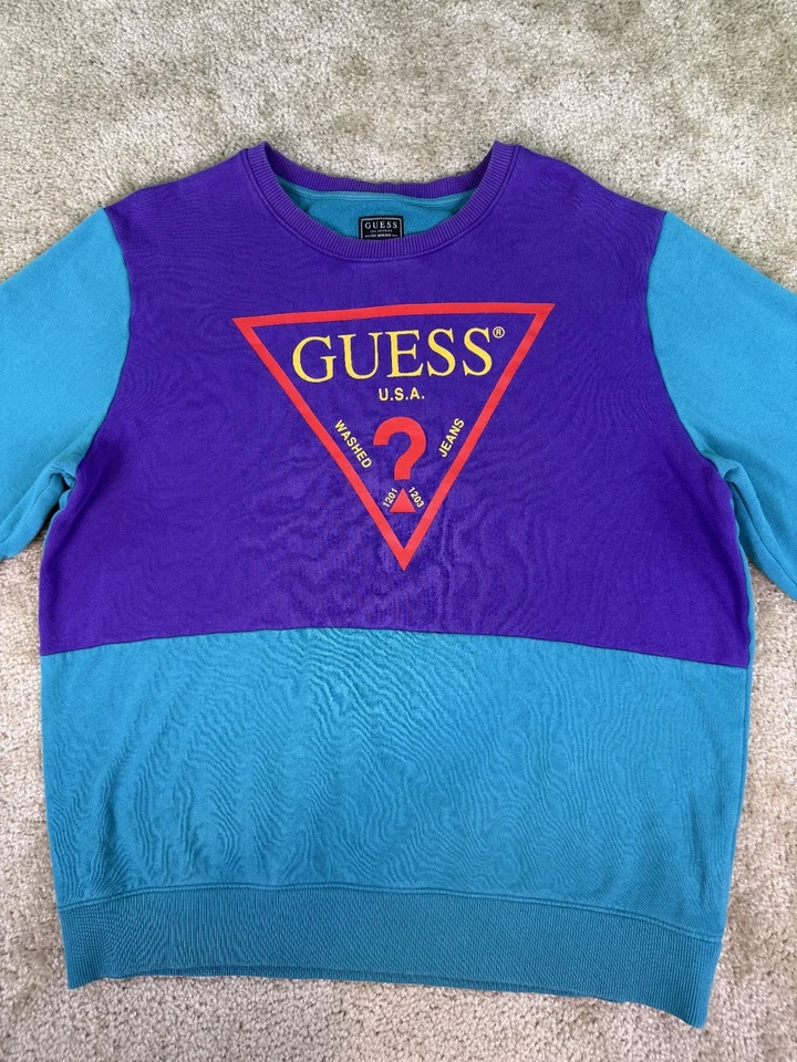 Guess винтажный большой логотип толстовка размер большой синий бирюзовый / фиолетовый C945 - Изображение 2 из 4