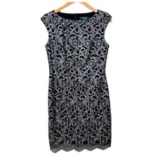 Ralph Lauren LRL Green Label Black Silver Lace Embroider Evening Dress 6 S Small