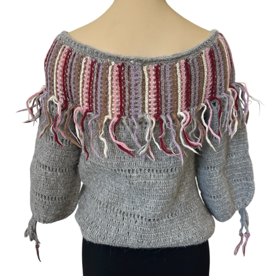VTG Crochet Sweater Size S/M Gray Multicolor Stripes Fringe Wool Mohair Hair - Image 3 of 4