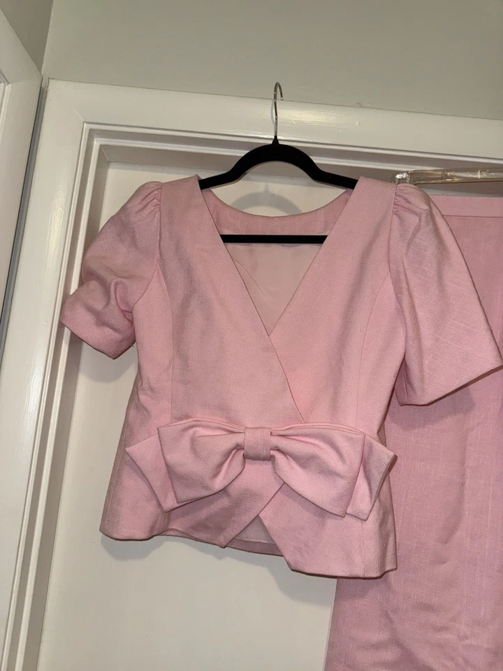 De Colección Raúl Blanco Rosa Lino Forrado Falda Conjunto Lazo Frontal Glinda Girly Talla 8 Foto 2 de 4