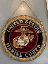 Large US Marine Corps Hand Painted Stained Glass Suncatcher Window