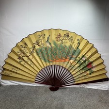 Vintage Shandong Hand Painted Silk Peacock Fan Wood Large