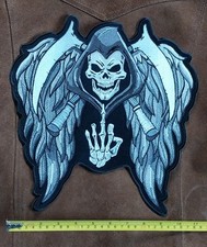 LARGE Winged Reaper Middle Finger Biker Vest Embroidered Iron On Back Patch