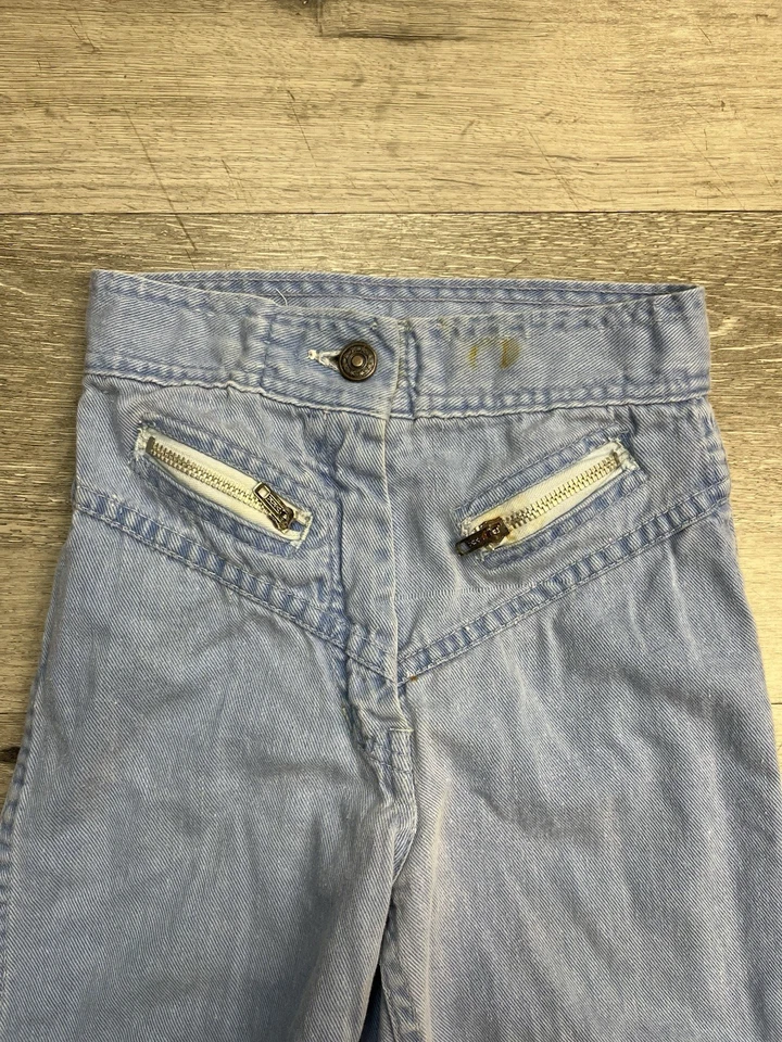Pantalones de mezclilla vintage de los años 70 azules con múltiples cremallera tiro alto Super Bell parte inferior talla 8 Foto 3 de 4