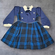 Vintage Baby Girl Plaid Dress Blue Long Sleeve Peter Pan Collar 2T