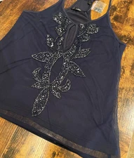 BKE Boutique Women's BNWT Navy Blue Sheer/Lined Camisole w/beading SZ S