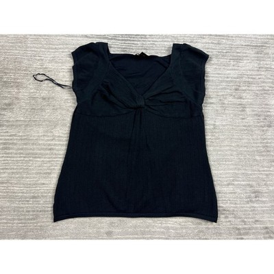 Alfani Knit Top Womens L Black Silk Cotton Blend Twist Front Ribbed Cap Sleeve