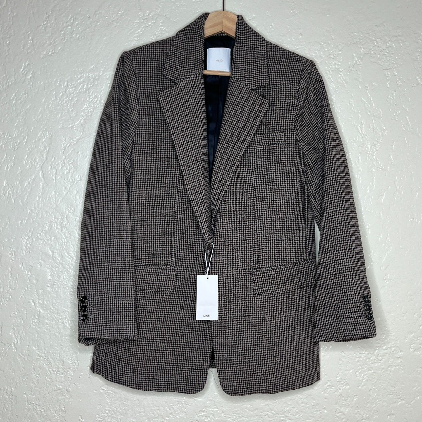 Mango Houndstooth Blazer Classic Tailored Women Brown Black Small NWT Academia
