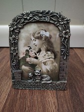 Vtg Picture Frame Metal Pewter Photo Cats in Window Foral Vine Rim