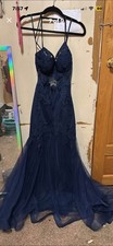 Navy Blue Lace Mesh Formal Gown with Sheer Panels and Strappy Back Floor Length