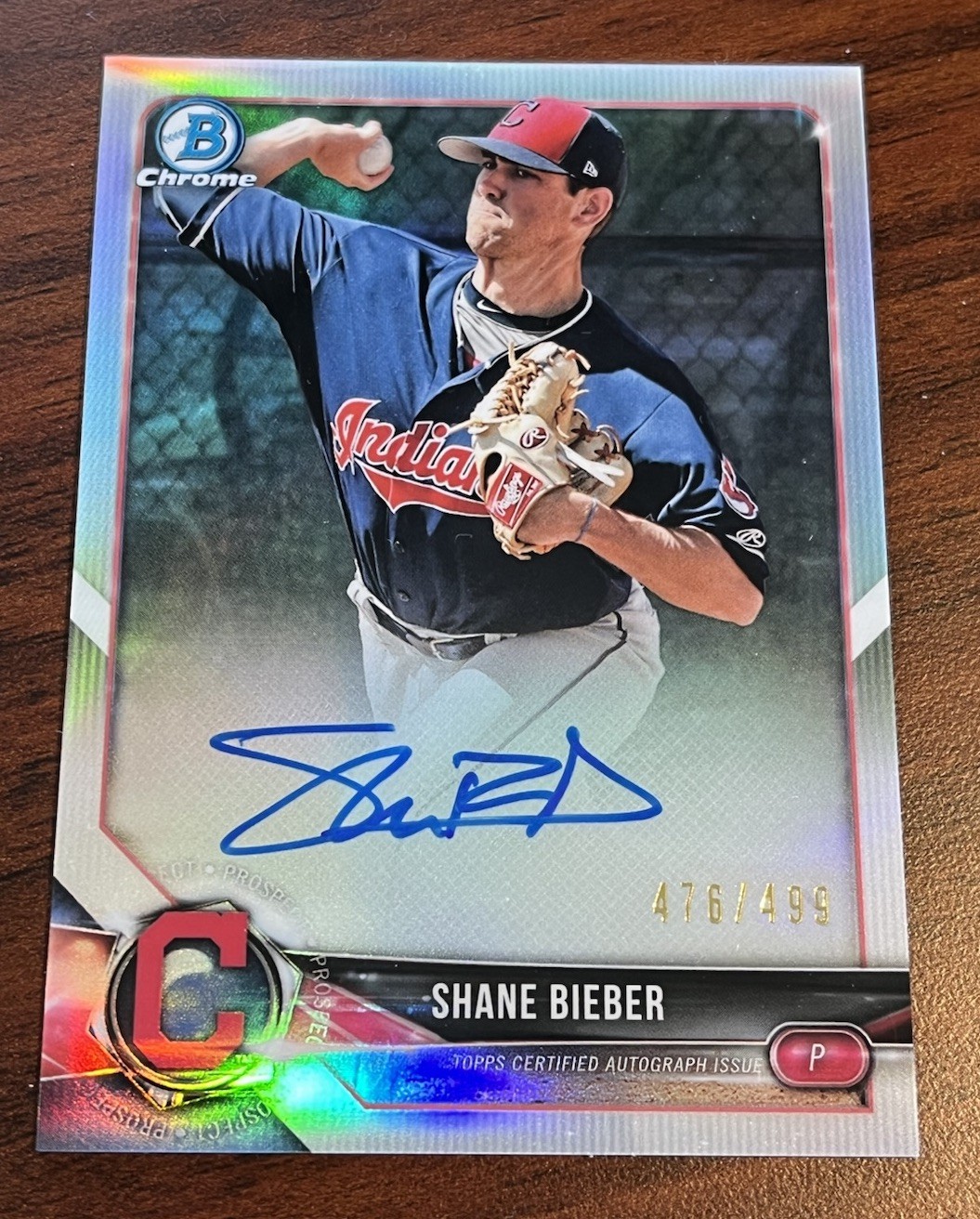 2018 Shane Bieber Bowman Chrome Refractor On-Card Auto RC #’d /499 Autograph