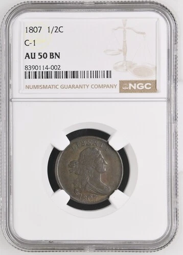 1807 C-1, 1/2C NGC AU50 - Draped Bust Half Cent - Lower Mintage Issue