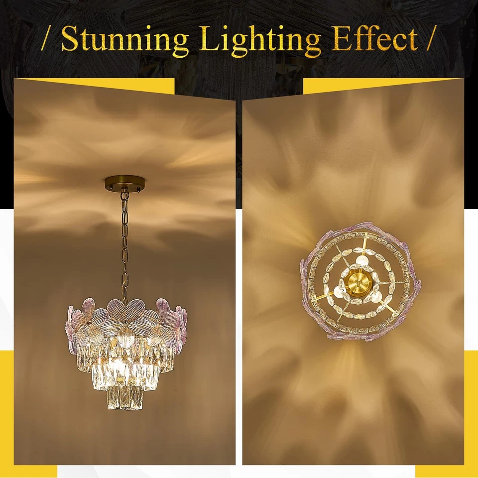 Moderno Flor Púrpura Elegante Lámparas 3 Luces 14" K9 Cristal Lujo Dorado... Foto 4 de 4