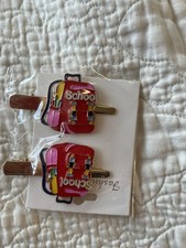 Back To School Hair Clips Set Of Two Gold With Enamel Backpack