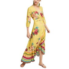 FARM Rio Anthropologie Marketplace Wrap Dress XS Yellow Floral Maxi Resort Boho