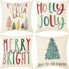 4 Pcs Christmas Painted Tree Festive Plush Pillow Cover Home Cushion Case Decor
