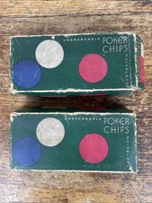 VINTAGE 1920-30S RED WHITE BLUE ASSORTED UNBREAKABLE NOISLESS POKER CHIPS IN BOX