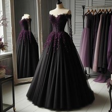 A-Line Black Gothic Wedding Dresses Off The Shoulder Long Sleeves Pleats Tulle
