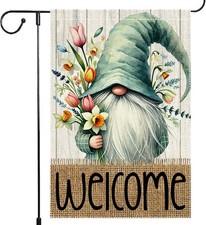 Welcome Spring Garden Flag 12x18 inch Burlap Double Sided Gnome Colorful Floral