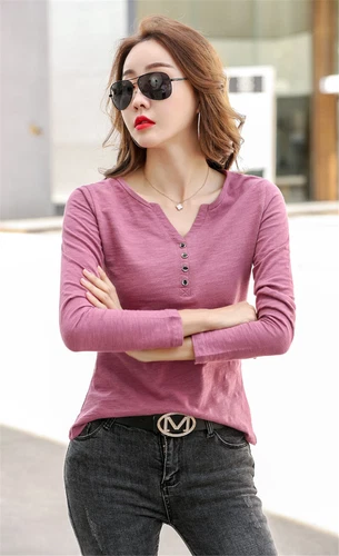 Womens Cotton Long Sleeve T Shirt Loose V Neck Slub Cotton Casual Blouse Tops US - Bild 18 von 49