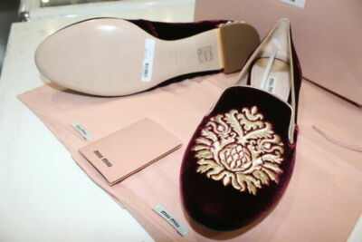 MiuMiu Red Velvet Crystal Heel Embroidered Vamp Loafer Flat Shoes