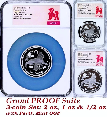 RARE 2018 P Australia PROOF Silver 3-Coin Set Lunar Year of the Dog NGC PF 70 ER