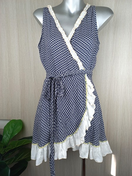Mini Dress Women's Size S Wrap Contrast Frill Dark Blue & White Geometric Floral