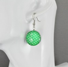 Green earrings polka dot dangle jewelry 1 5/8" long medallion white dots 