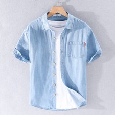 Men's solid color short sleeved denim shirt casual trend men's shirt
