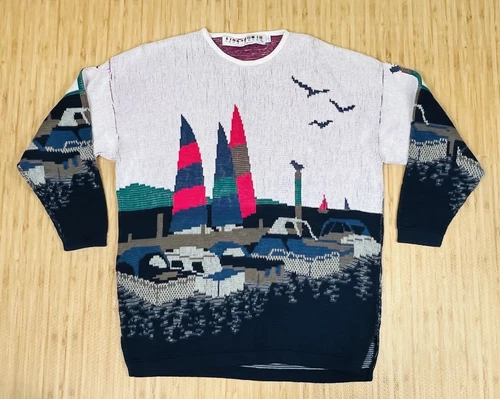 Vintage Harborwear Knit Boat Marina Scene Sweater Long Sleeve Women’s L USA