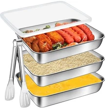 3pc Stainless Steel Breading Trays 10.4x7.7" Pan with Lids & Tong Food Prep