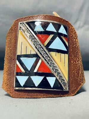 ONE OF THE MOST UNIQUE VINTAGE ZUNI TURQUOISE INLAY STERLING SILVER BRACELET