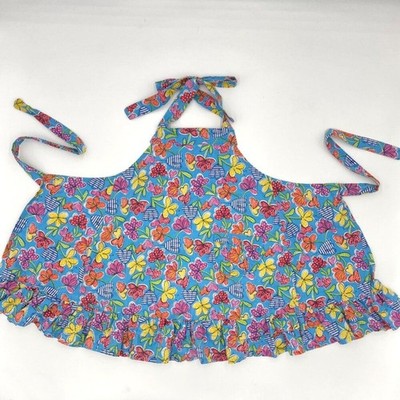Handmade Apron Child's Girl Blue Floral Ruffle Ties Pocket Kitchen Artist Cute