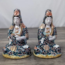 2 Antique Japanese Kutani Porcelain Statue Doll of Goddess Kannon Guanyin Japan