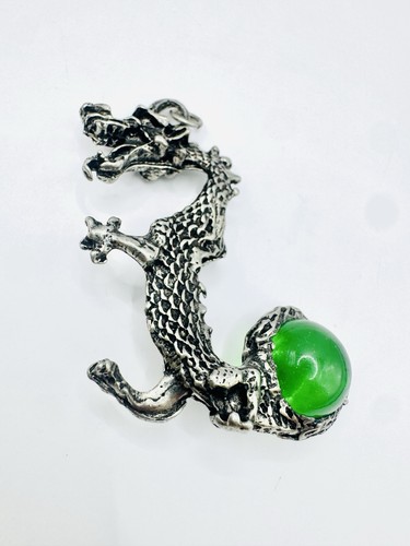 Dragon Pendant Necklace Green Glass Marble Sterling Silver Pendant 19.2g