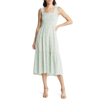 VERO MODA Sleeveless Smocked Strap Midi Dress Size L Desert Sage Prairie Tiered